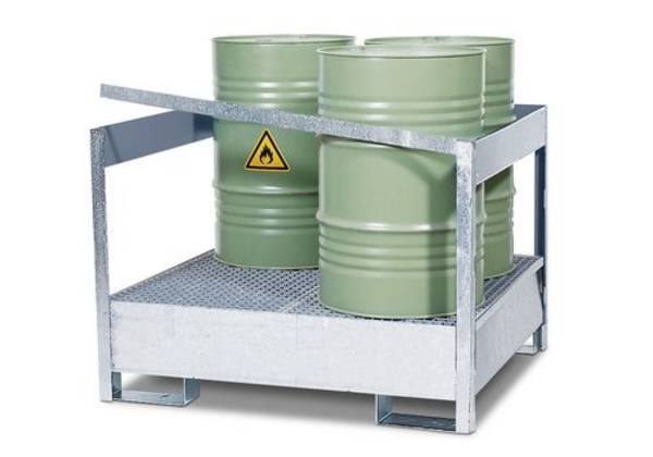 Gefahrstoffstation 4 P2-P aus Stahl, verzinkt, für 4 Fässer à 200 Liter, mit Rahmen