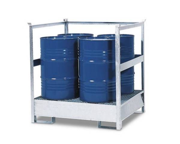 Gefahrstoffstation 4 P2-R-V50 aus Stahl, verzinkt, für 4 Fässer à 200 Liter, mit Rahmen, stapelbar