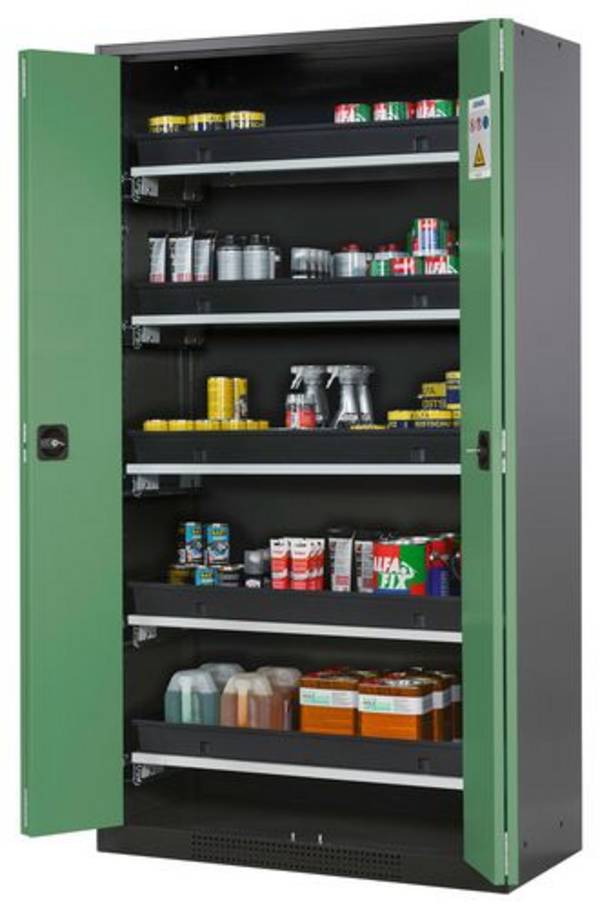asecos Chemikalienschrank Systema-T CS-105F, Korpus anthrazit, Falttüren grün, 5 Tablarauszüge