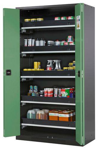 asecos Chemikalienschrank Systema-T CS-105F, Korpus anthrazit, Falttüren grün, 5 Tablarauszüge-0