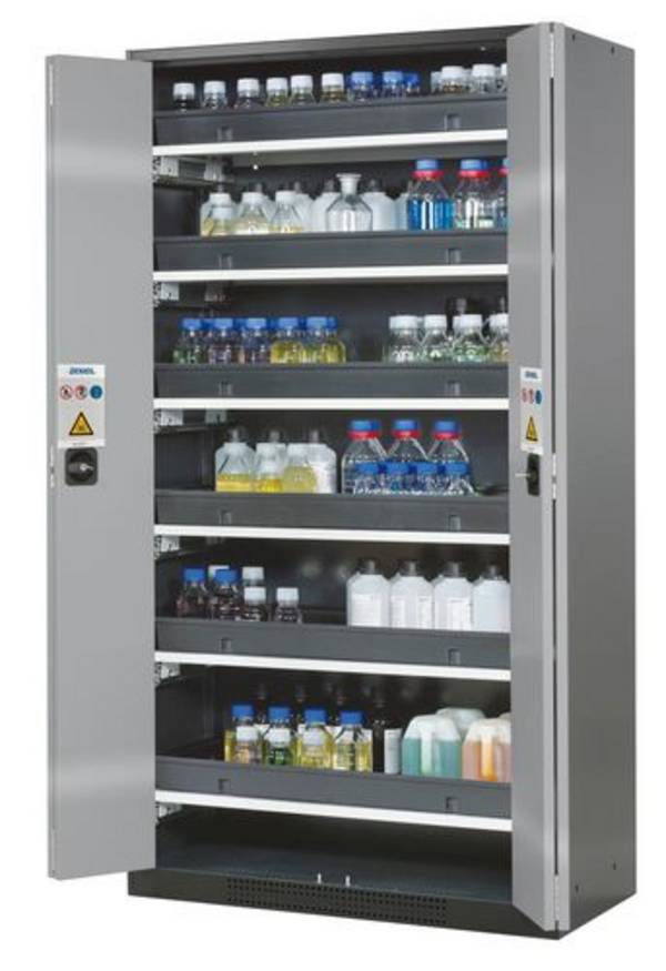 asecos Chemikalienschrank Systema-T CS-106F, Korpus anthrazit, Falttüren silber, 6 Tablarauszüge