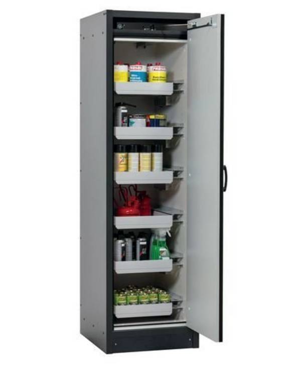 asecos Feuerbeständiger Gefahrstoffschrank Basis-Line, anthrazit/gelb, 6 Auszugswannen, Typ 30-66R