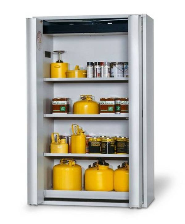 Feuerbeständiger Gefahrstoffschrank GF 1201 "one touch", 3 Einlegeböden, grau