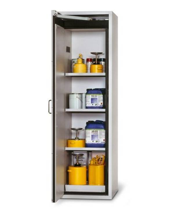 asecos Feuerbeständiger Gefahrstoffschrank G-601, mit 3 Einlegeböden, Türanschlag links, grau