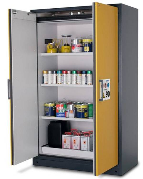 asecos Feuerbeständiger Gefahrstoffschrank Select FM W-123, 3 Einlegeböden, Türen gelb