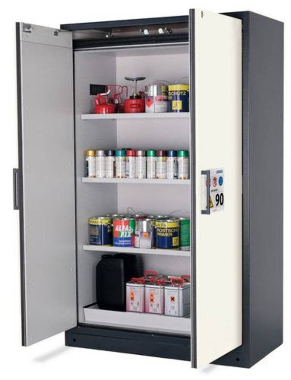 asecos Feuerbeständiger Gefahrstoffschrank Select W-123, 3 Einlegeböden, Türen weiß