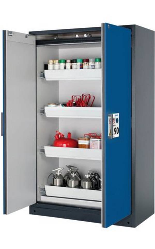 asecos Feuerbeständiger Gefahrstoffschrank Select W-124, 4 Auszugswannen, Türen blau