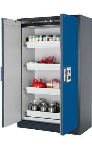 asecos Feuerbeständiger Gefahrstoffschrank Select W-124, 4 Auszugswannen, Türen blau-0