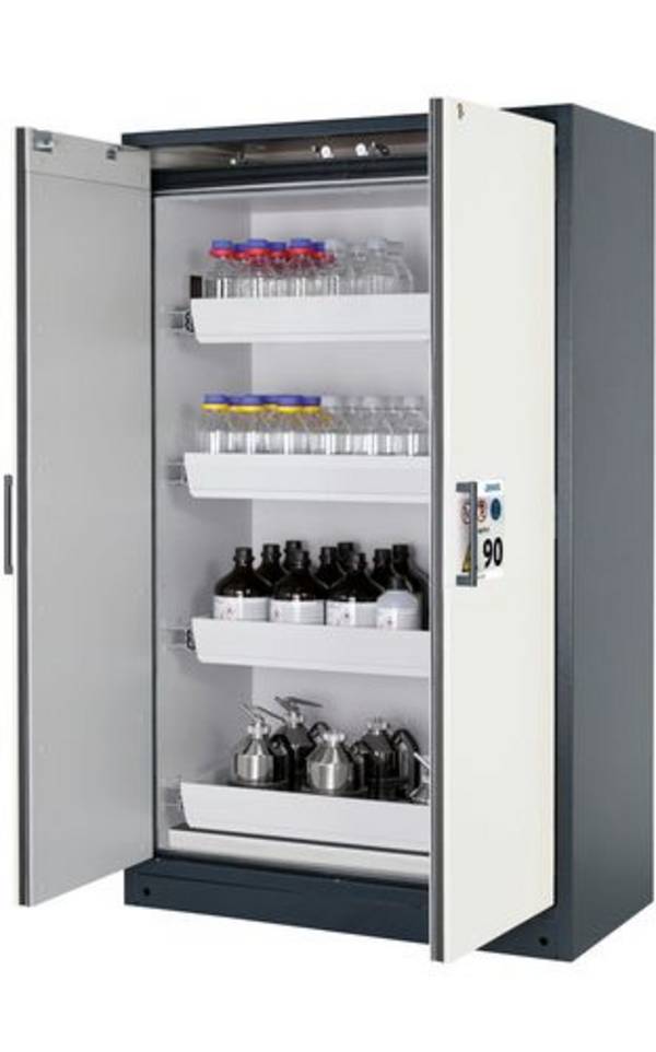 asecos Feuerbeständiger Gefahrstoffschrank Select W-124-O "one touch", 4 Auszugswannen, Türen weiß