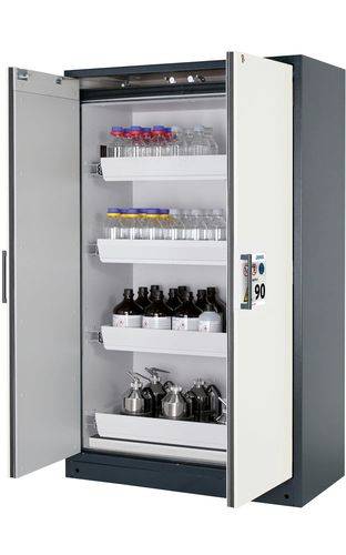 asecos Feuerbeständiger Gefahrstoffschrank Select W-124-O "one touch", 4 Auszugswannen, Türen weiß-0