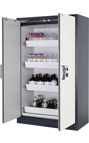 asecos Feuerbeständiger Gefahrstoffschrank Select W-124-O "one touch", 4 Auszugswannen, Türen weiß-4