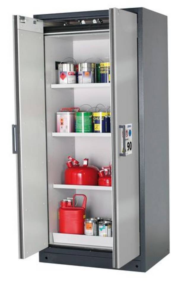 asecos Feuerbeständiger Gefahrstoffschrank Select W-93-O "one touch", 3 Einlegeböden, Türen silber