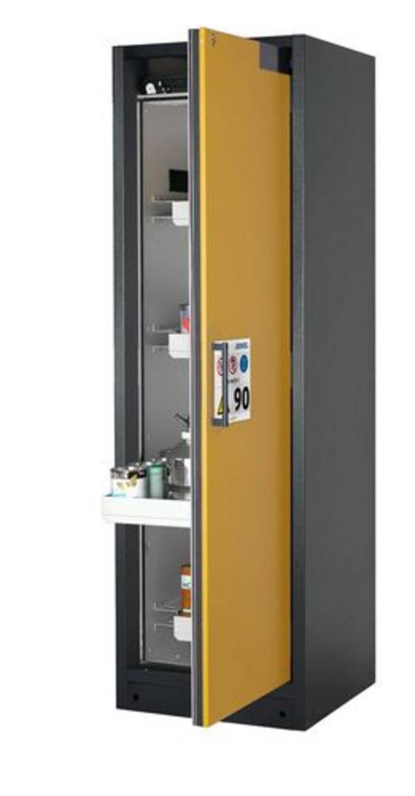 asecos Feuerbeständiger Gefahrstoffschrank Select W-64R-O "one touch", 4 Auszugswannen, Tür gelb