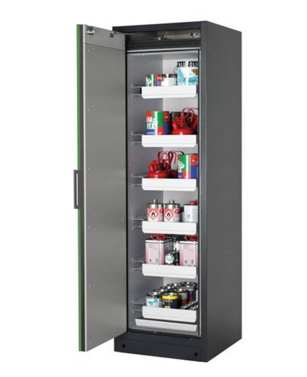 asecos Feuerbeständiger Gefahrstoffschrank Select W-66L, 6 Auszugswannen, Tür grün (links)