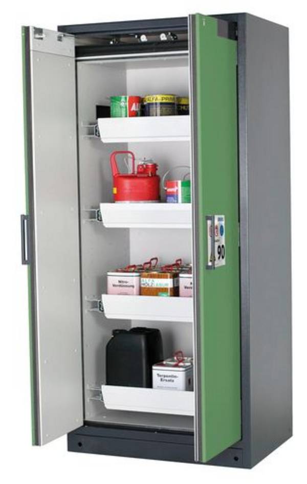 asecos Feuerbeständiger Gefahrstoffschrank Select W-94-O "one touch", 4 Auszugswannen, Türen grün