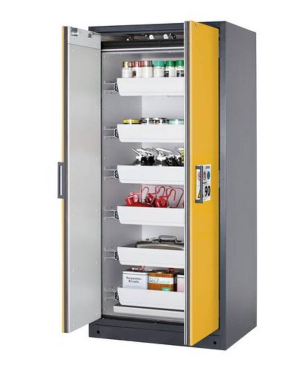 asecos Feuerbeständiger Gefahrstoffschrank Select W-96, 6 Auszugswannen, Türen gelb