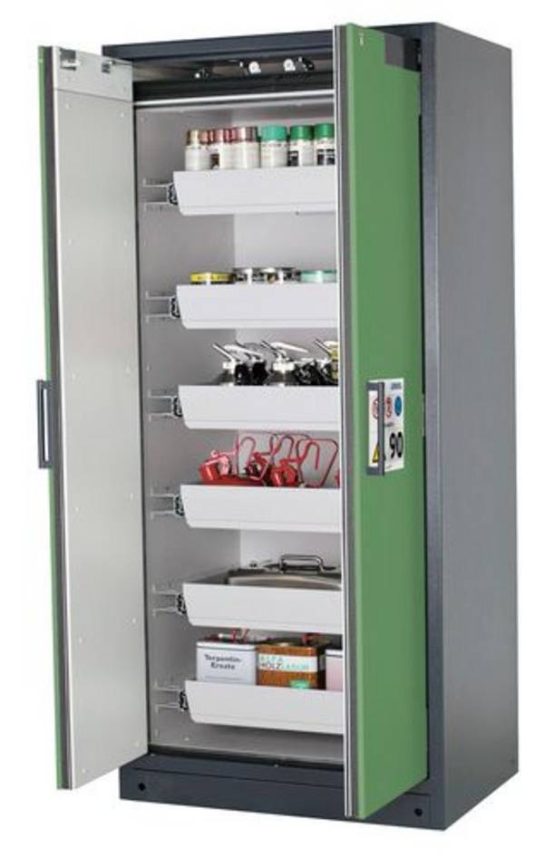 asecos Feuerbeständiger Gefahrstoffschrank Select W-96, 6 Auszugswannen, Türen grün