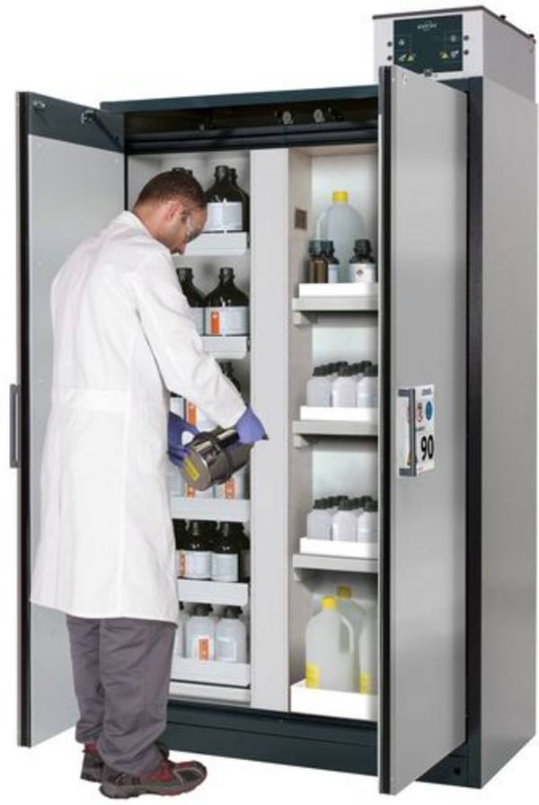 asecos Feuerbeständiger Gefahrstoffschrank Select, Mittelwand, Auszugswannen und Wannenböden, silber