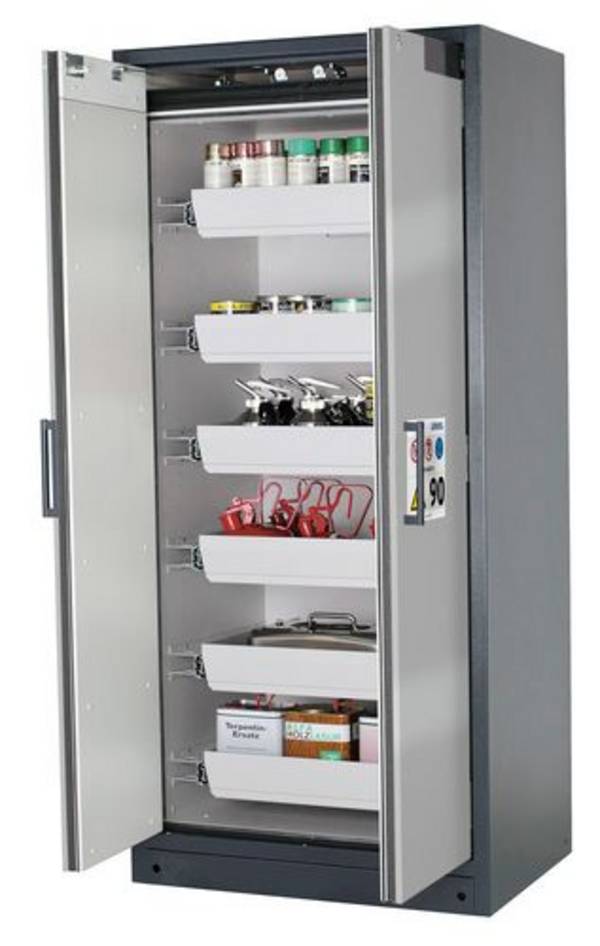 asecos Feuerbeständiger Gefahrstoffschrank Select W-96-O "one touch", 6 Auszugswannen, Türen silber