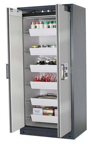 asecos Feuerbeständiger Gefahrstoffschrank Select W-96-O "one touch", 6 Auszugswannen, Türen silber-0