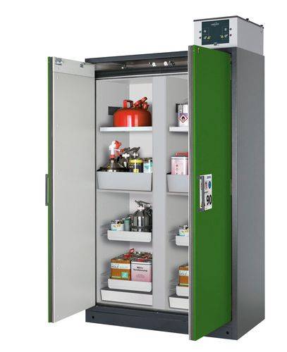 asecos Feuerbeständiger Gefahrstoffschrank Select, Mittelwand, mit Einlegeböden, Auszugswannen, grün-0