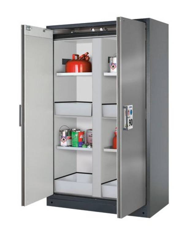 asecos Feuerbeständiger Gefahrstoffschrank Select, Mittelwand, mit Einlegeböden, Bodenwannen, silber
