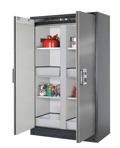 asecos Feuerbeständiger Gefahrstoffschrank Select, Mittelwand, mit Einlegeböden, Bodenwannen, silber-0