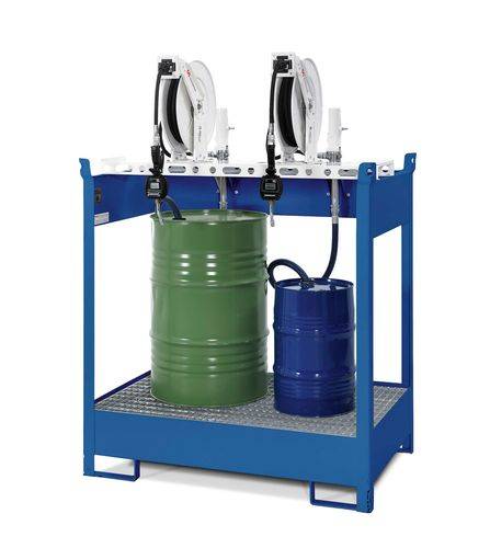 Öl-Station mit Wanne f. 2 Fässer, 2xDruckluftpumpe,Schlauchaufroller geschl. 10m,Zapfpistole,Zähler-0