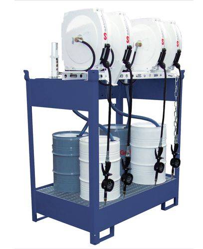 Öl-Abgabestation mit Wanne für 4 Fässer, 4xDruckluftpumpe, Schlauchaufroller 10m,Zapfpistole,Zähler-0