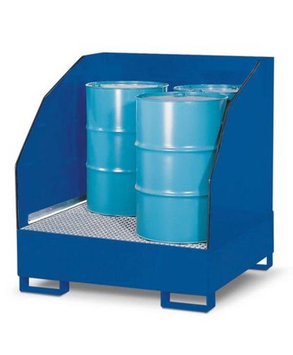 Gefahrstoffstation 4 GST-K aus Stahl, lackiert, für 4 Fässer à 200 Liter, 3-seitiger Spritzschutz