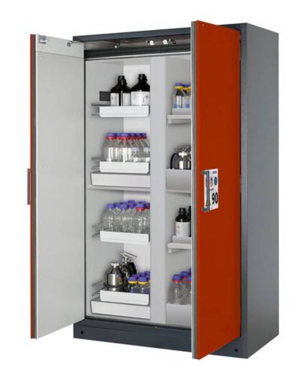 asecos Feuerbeständiger Gefahrstoffschrank Select, Mittelwand, mit Auszugs- und Bodenwannen, rot