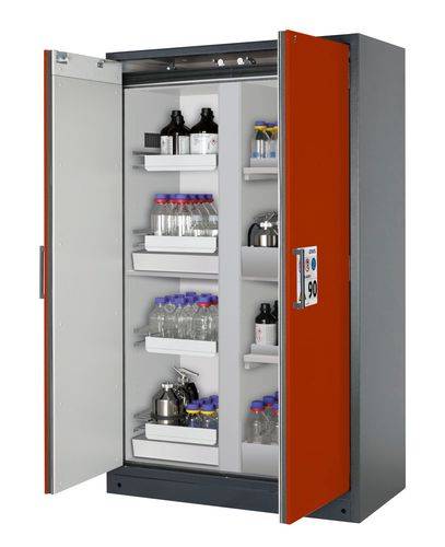 asecos Feuerbeständiger Gefahrstoffschrank Select, Mittelwand, mit Auszugs- und Bodenwannen, rot-0