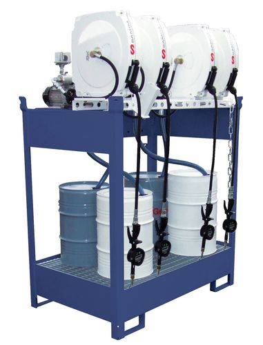 Öl-Station mit Wanne f. 4 Fässer, 4xElektropumpe,Schlauchaufroller geschl. 10m,Zapfpistole,Zähler-0