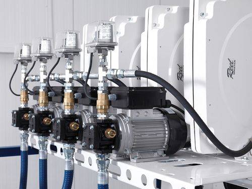 Öl-Abgabestation mit Wanne für 4 Fässer, 4xElektropumpe, Schlauchaufroller 10m, Zapfpistole,Zähler-2