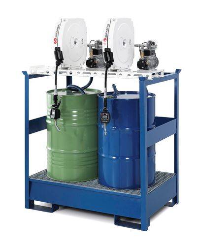 Öl-Station mit Wanne f. 2 Fässer, 2xElektropumpe, Schlauchaufroller geschl. 10m,Zapfpistole,Zähler-0