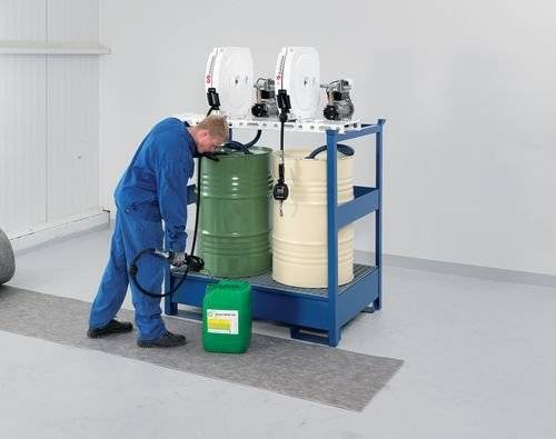 Öl-Station mit Wanne f. 2 Fässer, 2xElektropumpe, Schlauchaufroller geschl. 10m,Zapfpistole,Zähler-3