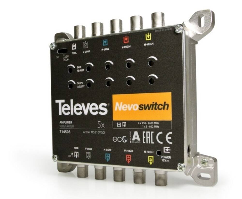 Televes 714508, 5 Eingänge, 5 Ausgänge, 950 - 2400 MHz, 47 - 862 MHz, 0 - 15 dB, IP20-1