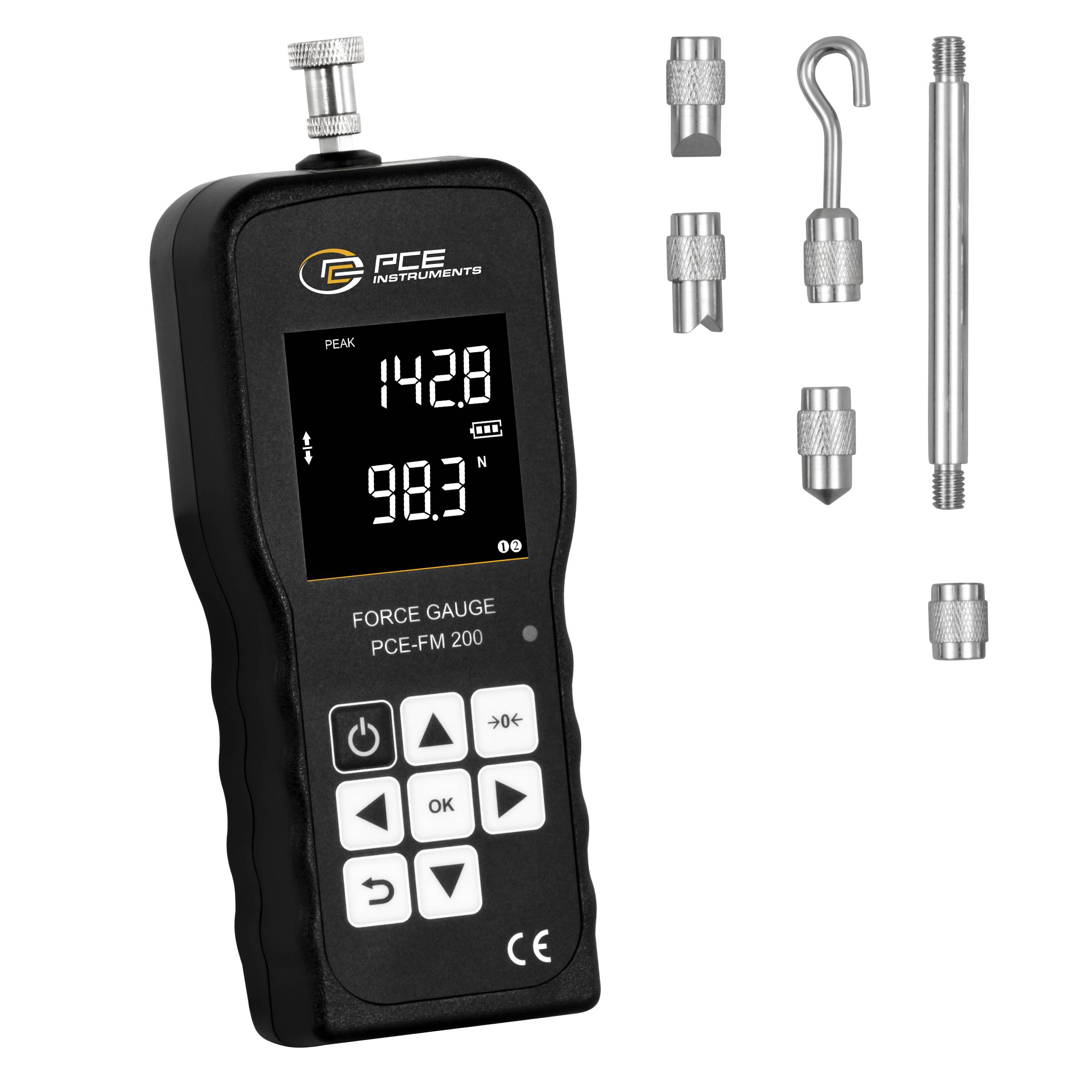 PCE Instruments Kraftmessgerät PCE-FM 200 bis 200N |genau ±0,5 % |Einh. N + kg + lb |Auswertesoftware |viele Messadapter-0