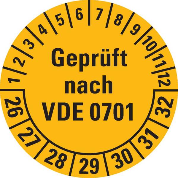 Prüfplakette geprüft nach VDE 0701,26-32,gelb,Dokumentenfolie,Ø 30mm,500/Rolle