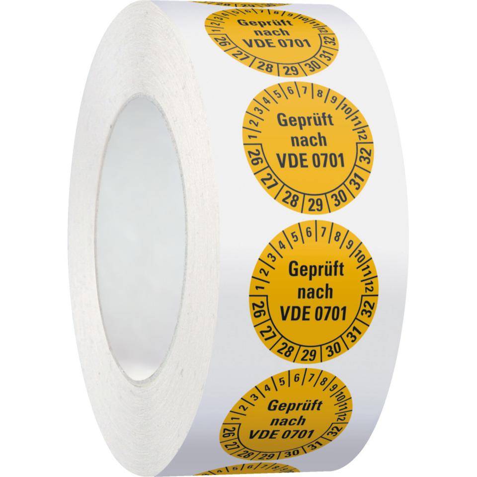 Prüfplakette geprüft nach VDE 0701,26-32,gelb,Dokumentenfolie,Ø 30mm,500/Rolle-1