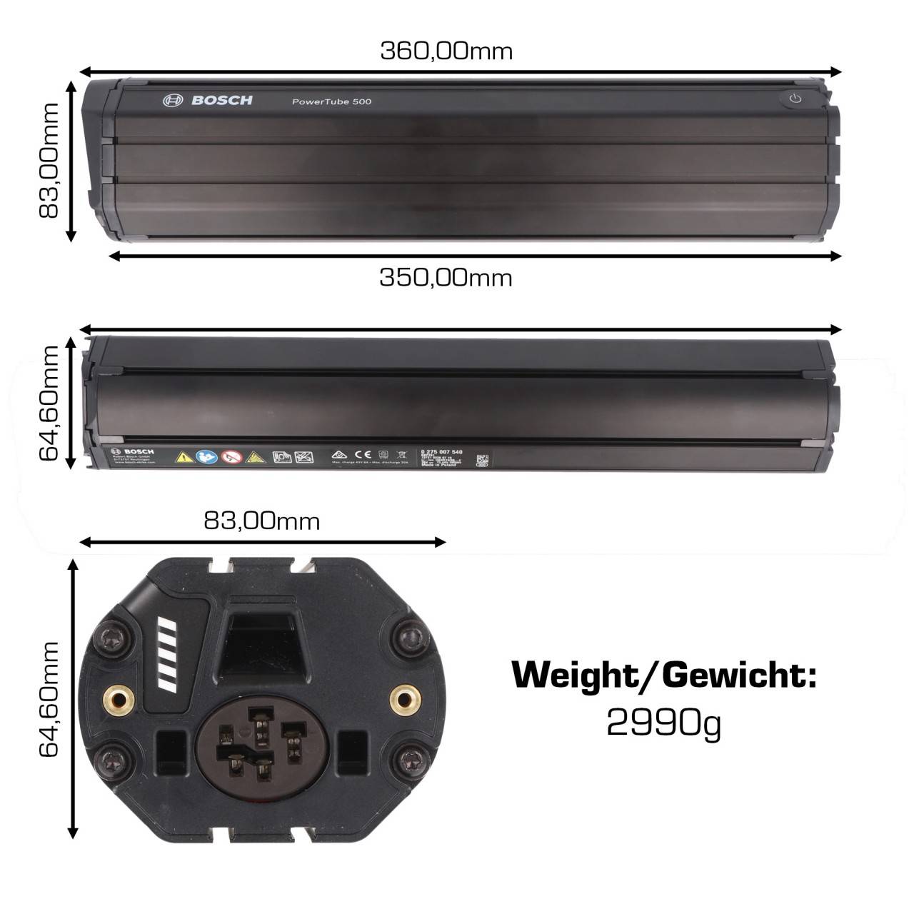 500Wh Bosch e-bike Akkutyp PowerTube 500 horizontal Akku Bosch 275007539 BBP280-4