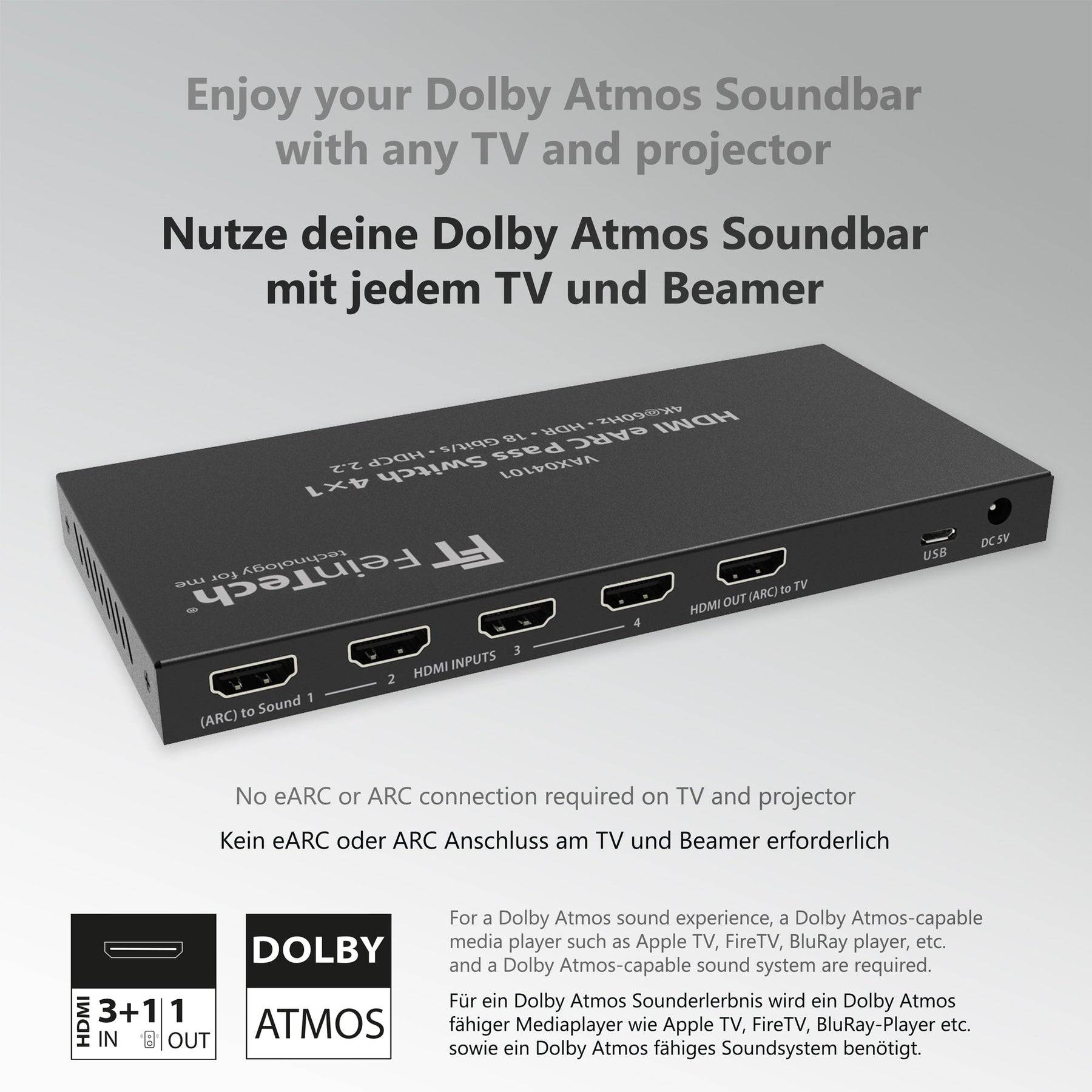 FeinTech VAX04101 HDMI eARC Pass Switch 4x1 für TV, Soundbar und 3 Quellen-1