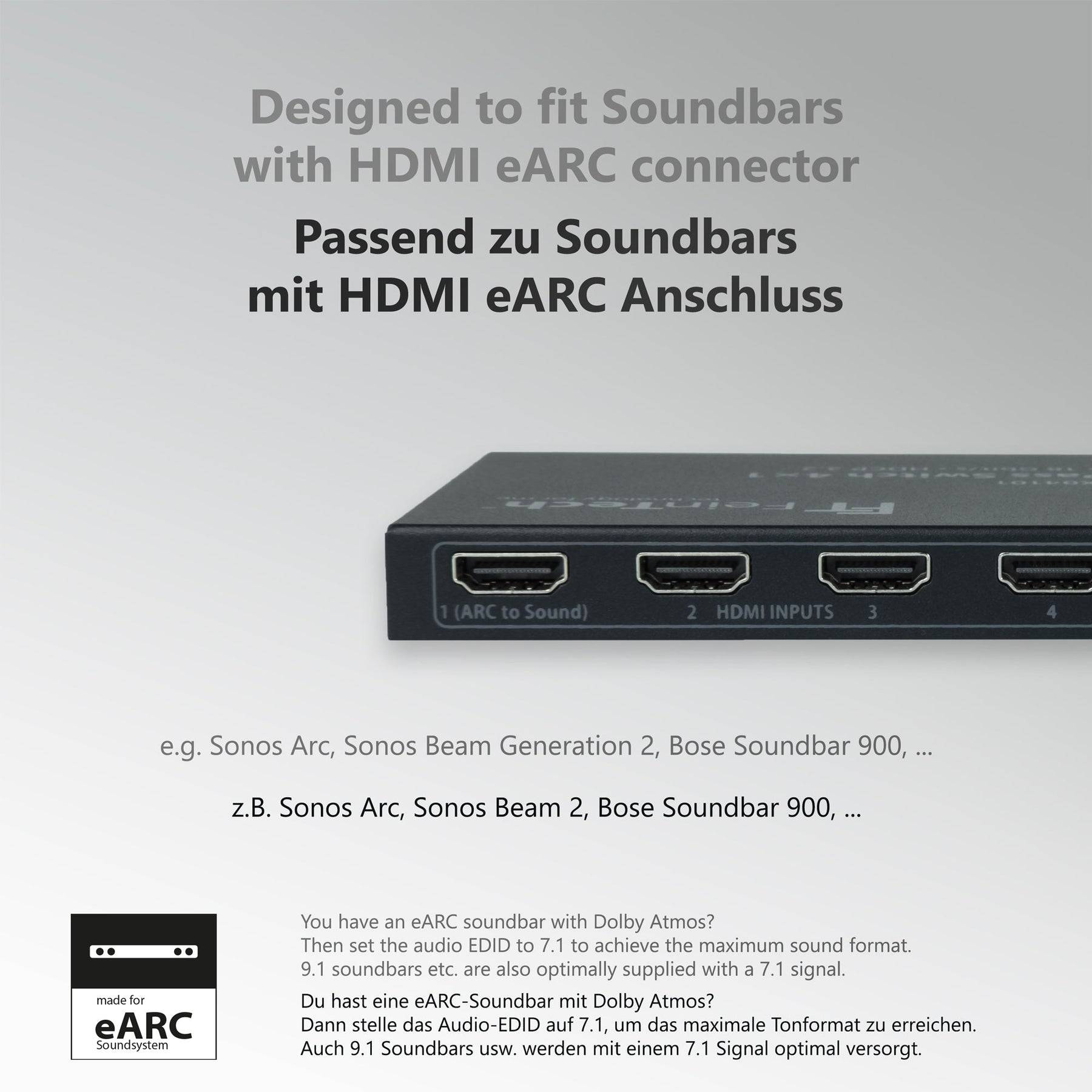 FeinTech VAX04101 HDMI eARC Pass Switch 4x1 für TV, Soundbar und 3 Quellen-2