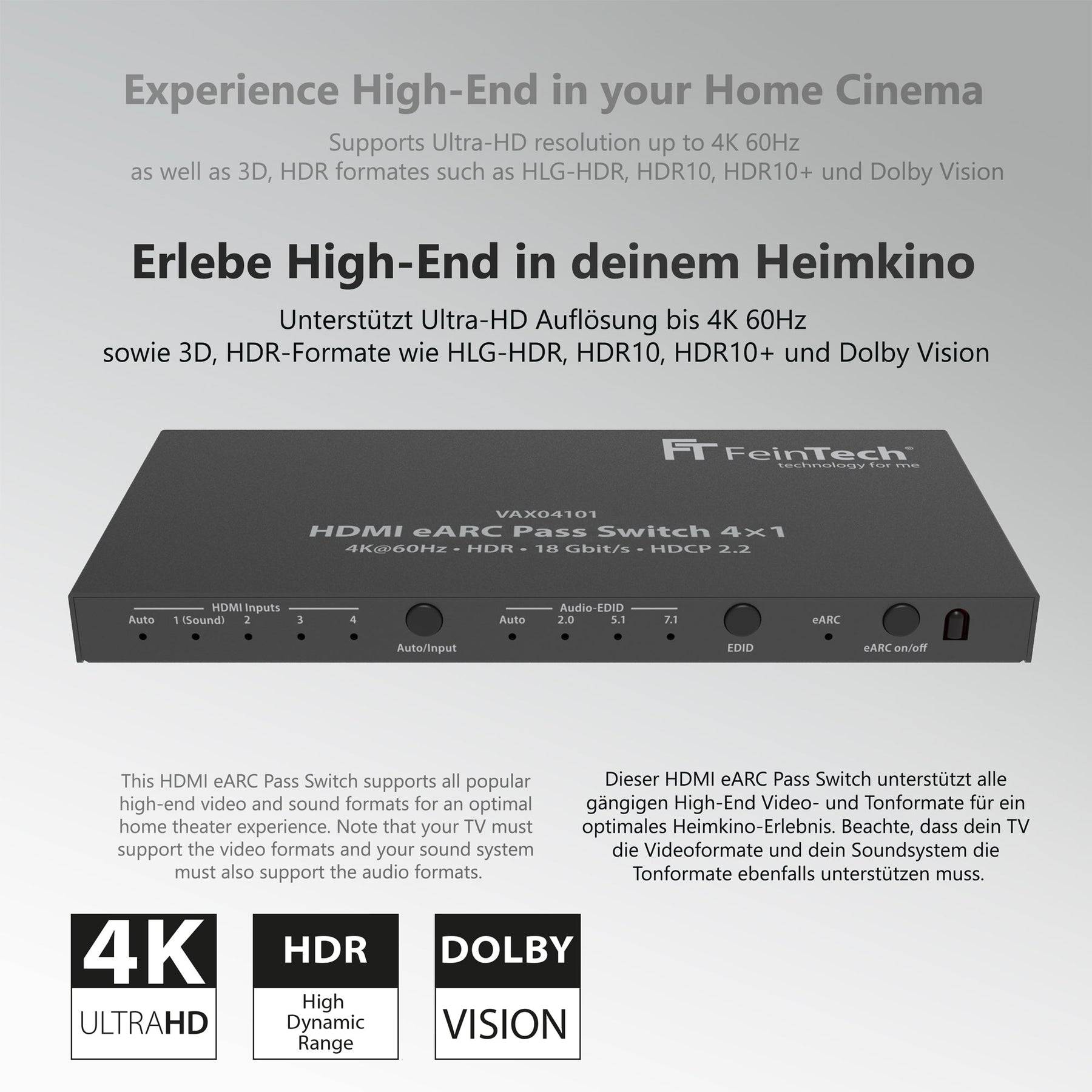 FeinTech VAX04101 HDMI eARC Pass Switch 4x1 für TV, Soundbar und 3 Quellen-4