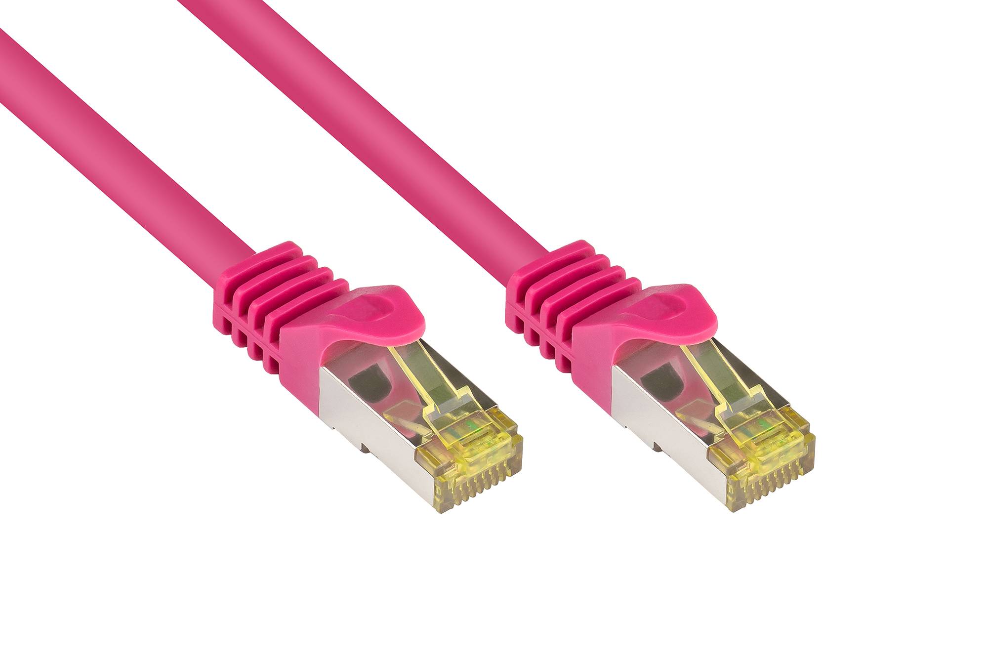 Kabelmeister® RJ45 Patchkabel mit Cat. 7 Rohkabel und Rastnasenschutz (RNS®), S/FTP, PiMF, halogenfrei, magenta, 3m-0