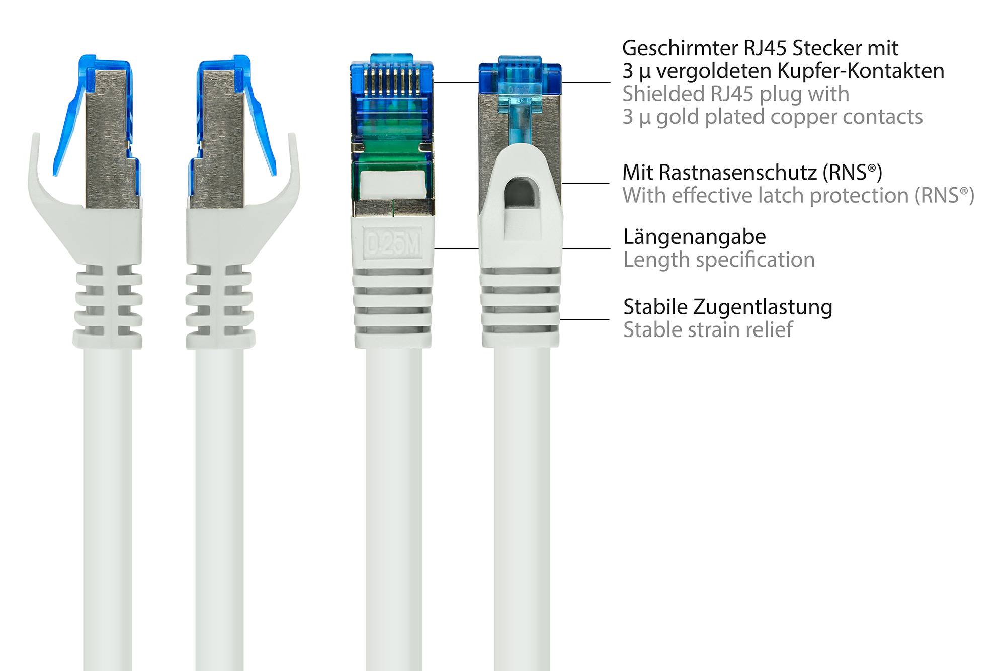 kabelmeister® Patchkabel, Cat. 6A, S/FTP, PiMF, halogenfrei, 500MHz, weiß, 0,5m-1