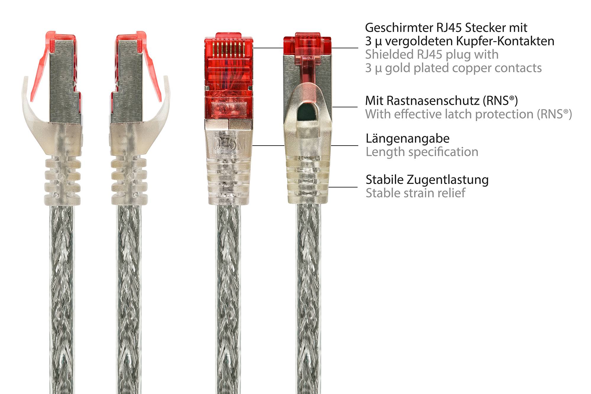 RNS Patchkabel mit Rastnasenschutz, Cat.6, S/FTP, PiMF, PVC, 250MHz, transparent, 0,15m, Good Conn-1