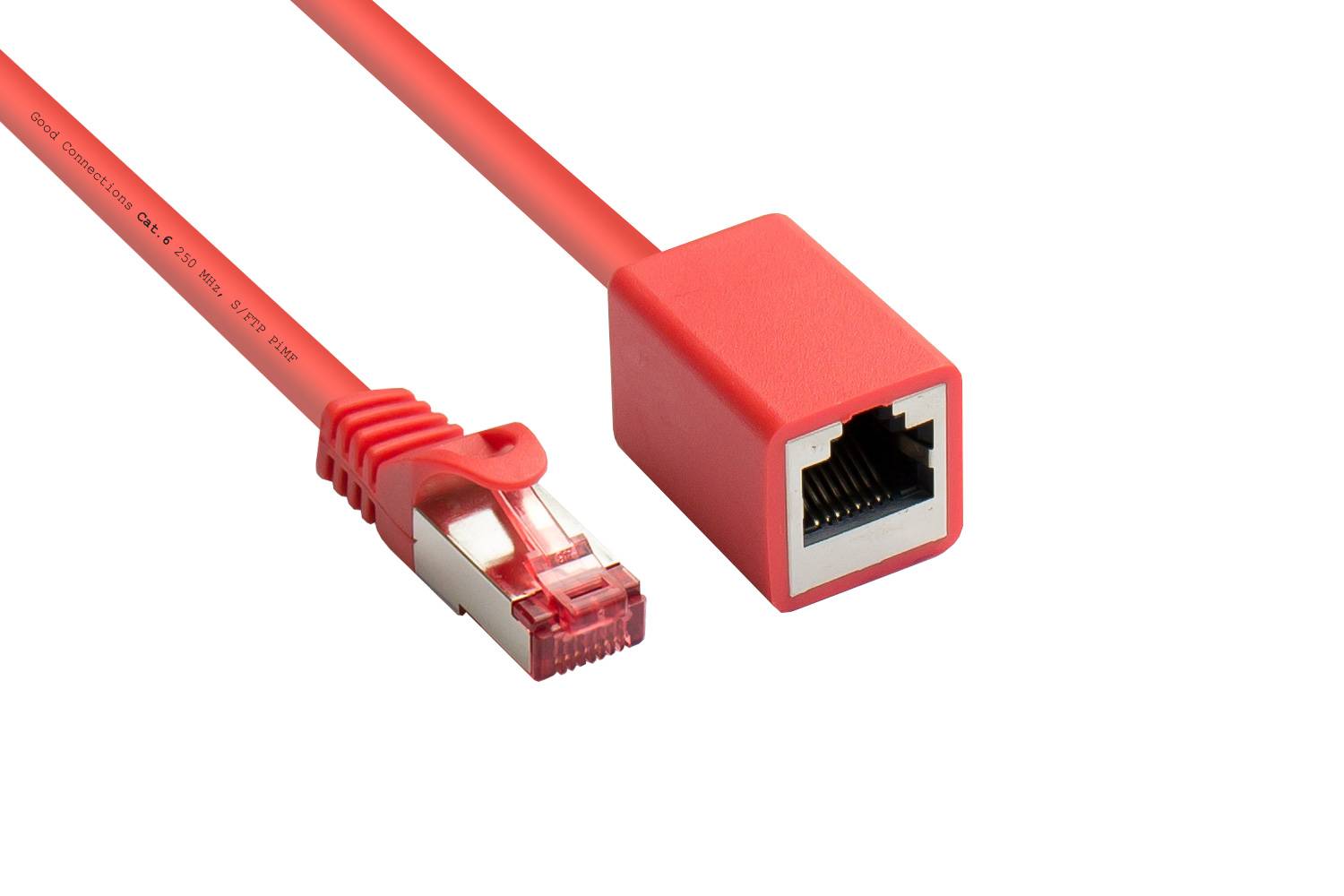 Good Connections® RNS® Patchkabelverlängerung mit Rastnasenschutz, Cat. 6, S/FTP, PiMF, PVC, 250MHz, OFC, CU, rot, 0,5m-0
