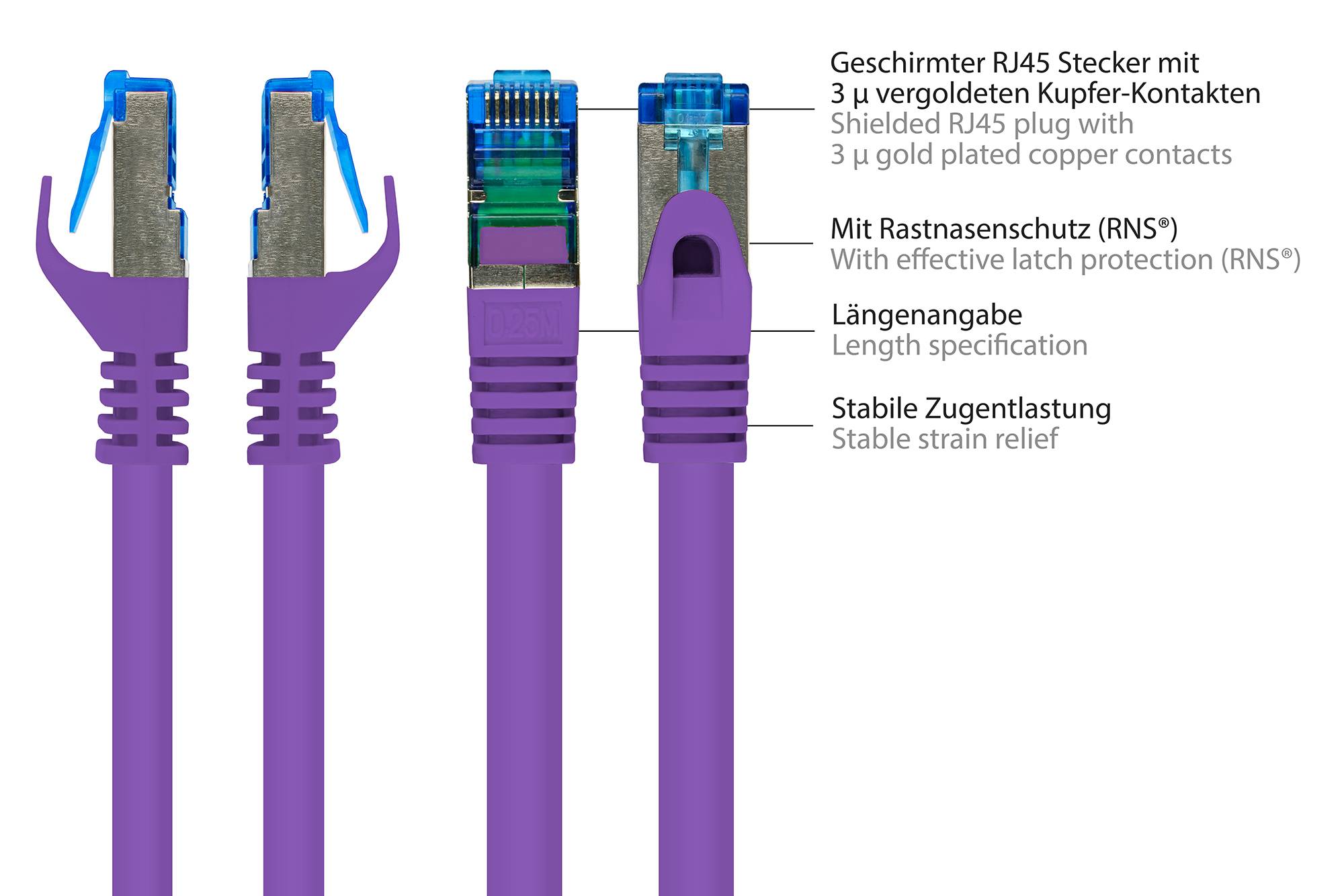 kabelmeister® Patchkabel, Cat. 6A, S/FTP, PIMF, halogenfrei, 500MHz, violett, 1m-1