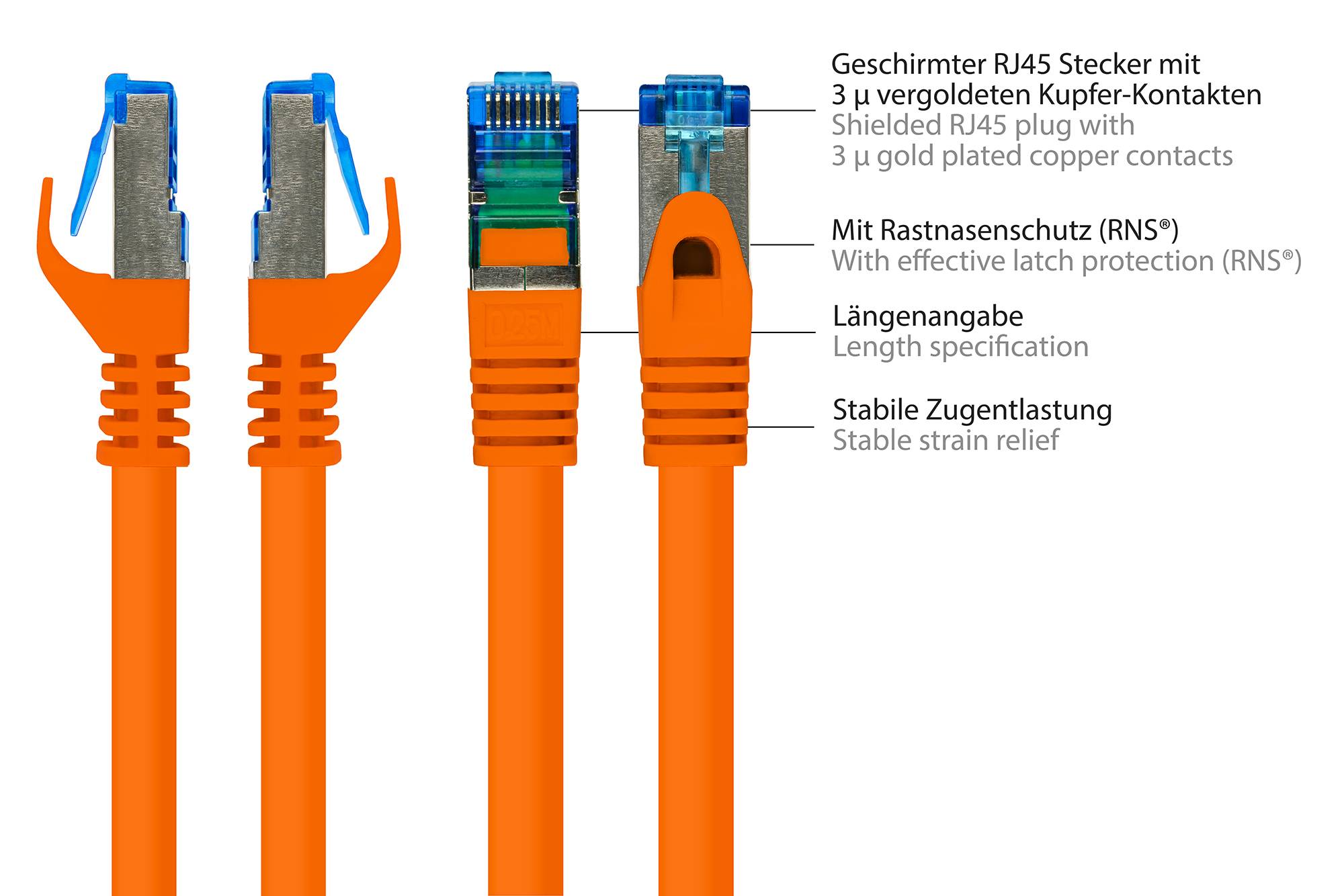 RNS® Patchkabel mit Rastnasenschutz, Cat. 6A, S/FTP, PIMF, halogenfrei, 500MHz, orange, 10m, Good Connections®-1